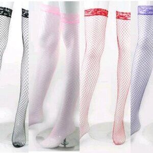 KAISIDIER Fishnet Stretch Lace Top Thigh High Stockings Red Black white pink NWT